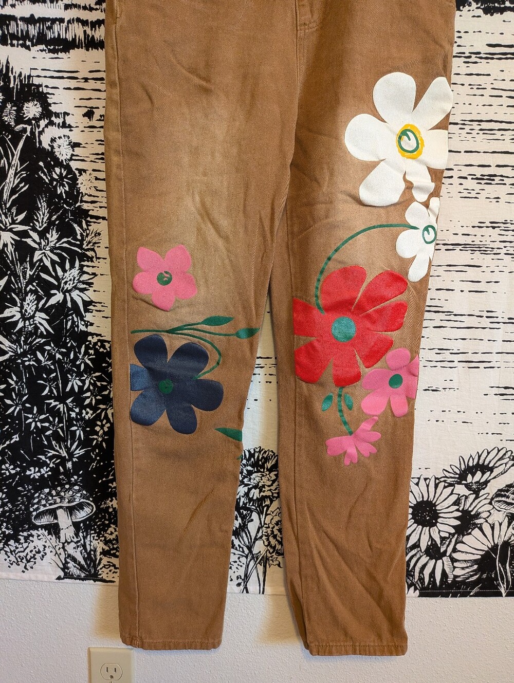Tan Floral Retro Hippie Artsy Overalls - Picture 5 of 8